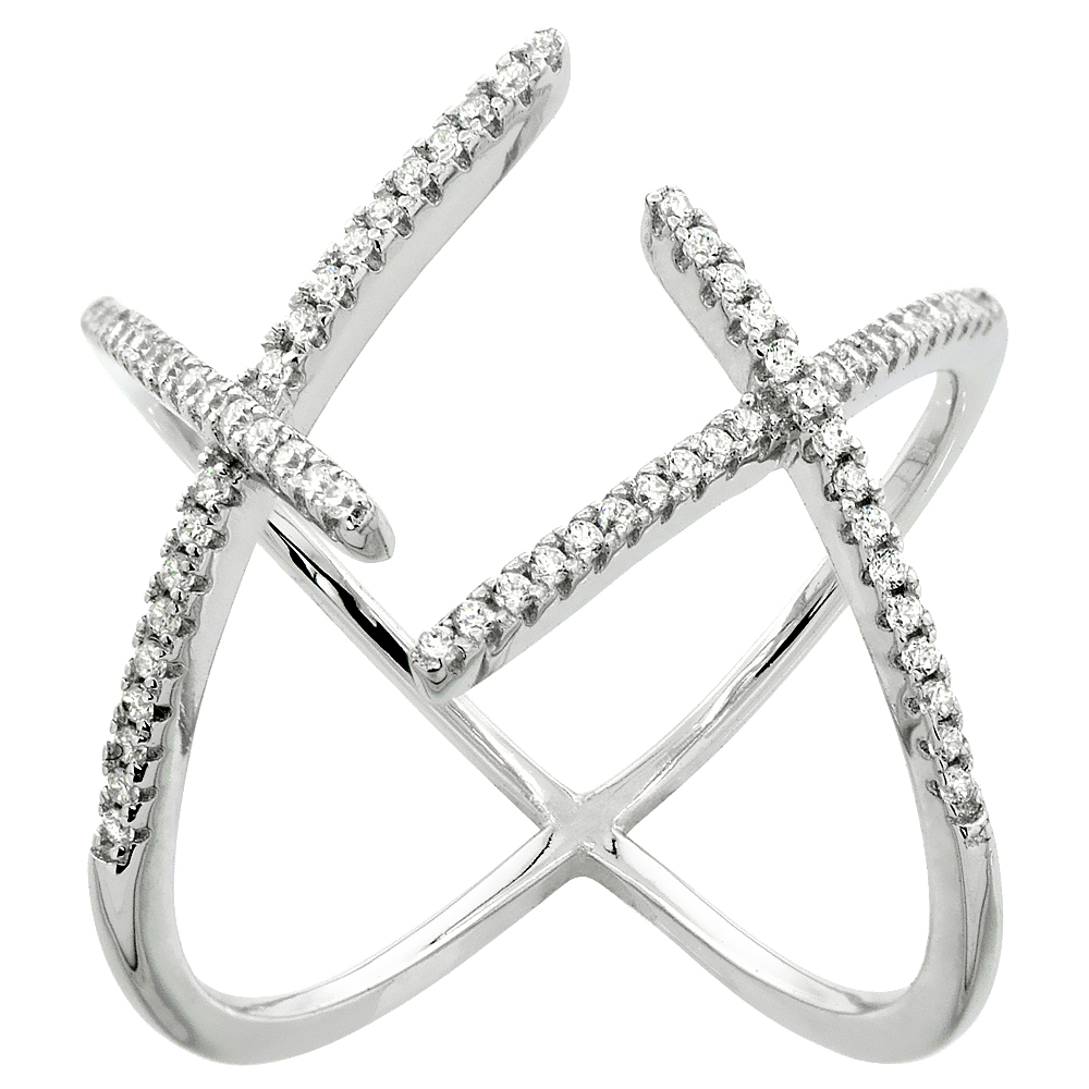 STERLING SILVER CUBIC ZIRCONIA DOUBLE CROSS RING MICRO PAVE 13/16 INCH WIDE, SIZES 6 - 9