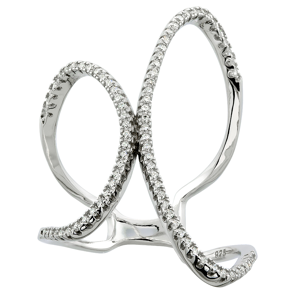STERLING SILVER CUBIC ZIRCONIA OPEN FREEFORM RING MICRO PAVE 1 1/4 INCH WIDE, SIZES 6 - 9