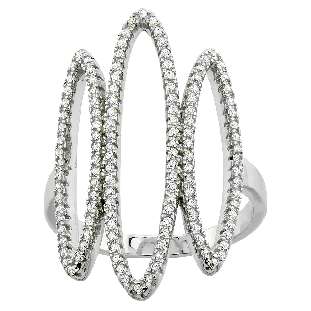 STERLING SILVER CUBIC ZIRCONIA TRIPLE FREEFORM RING MICRO PAVE 1 1/4 INCH WIDE, SIZES 6 - 9