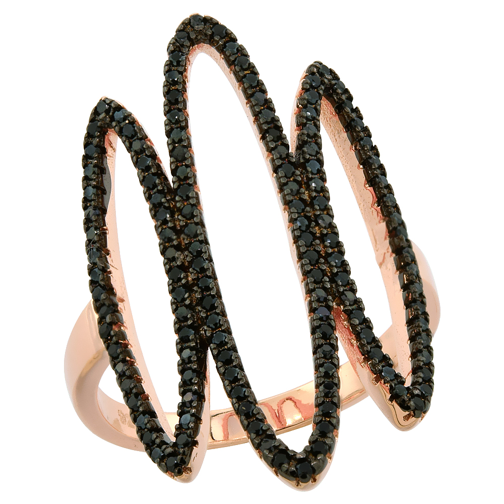 STERLING SILVER BLACK CUBIC ZIRCONIA TRIPLE FREEFORM RING MICRO PAVE 1 1/4 INCH WIDE, SIZES 6 - 9