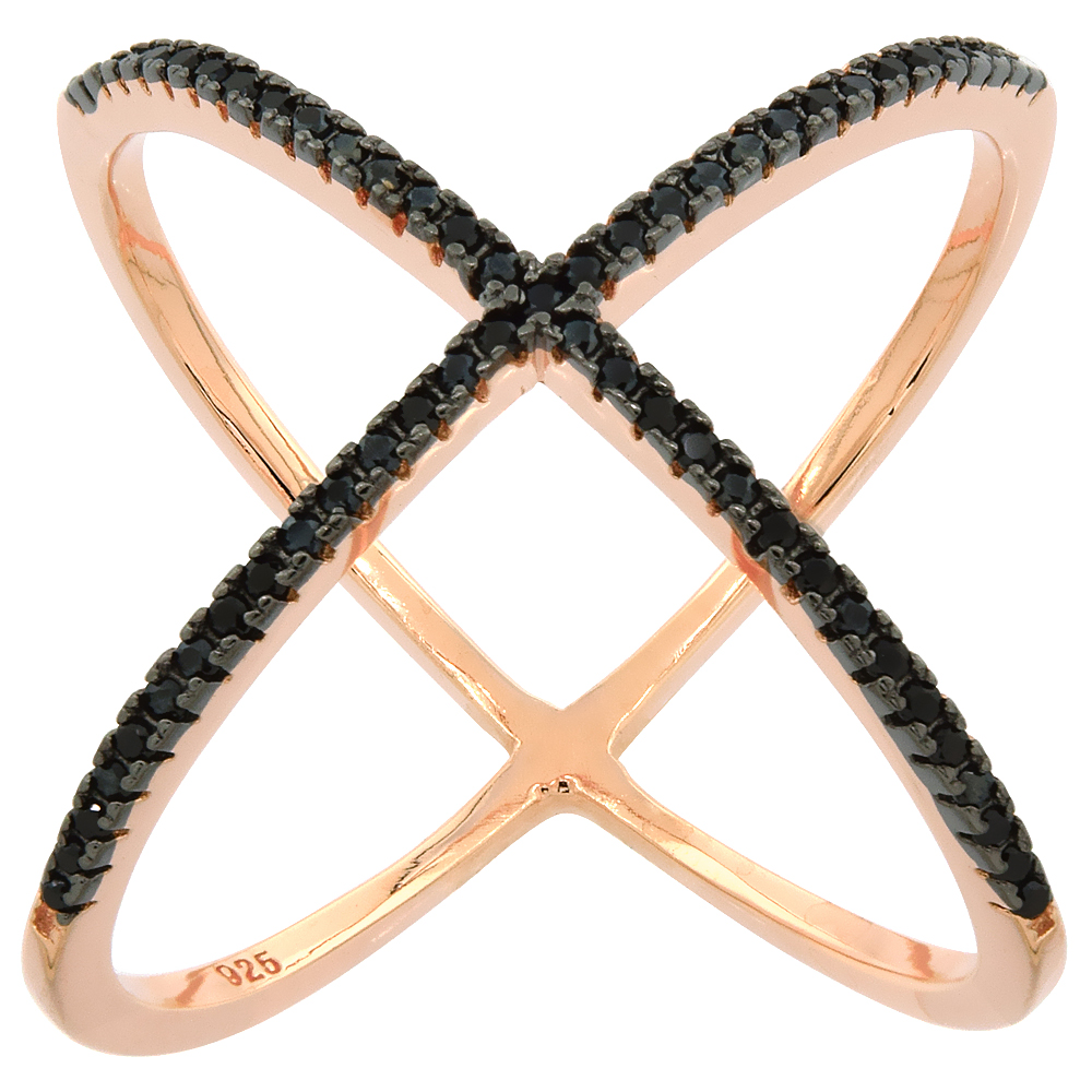 STERLING SILVER BLACK CUBIC ZIRCONIA CRISS CROSS RING MICRO PAVE 13/16 INCH WIDE, SIZES 6 - 9