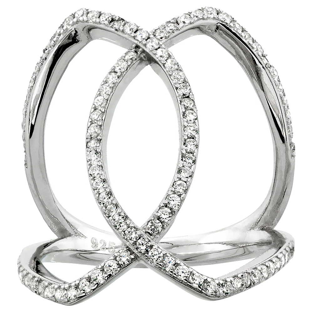 STERLING SILVER CUBIC ZIRCONIA CRISS CROSS RING MICRO PAVE 1 INCH WIDE, SIZES 6 - 9