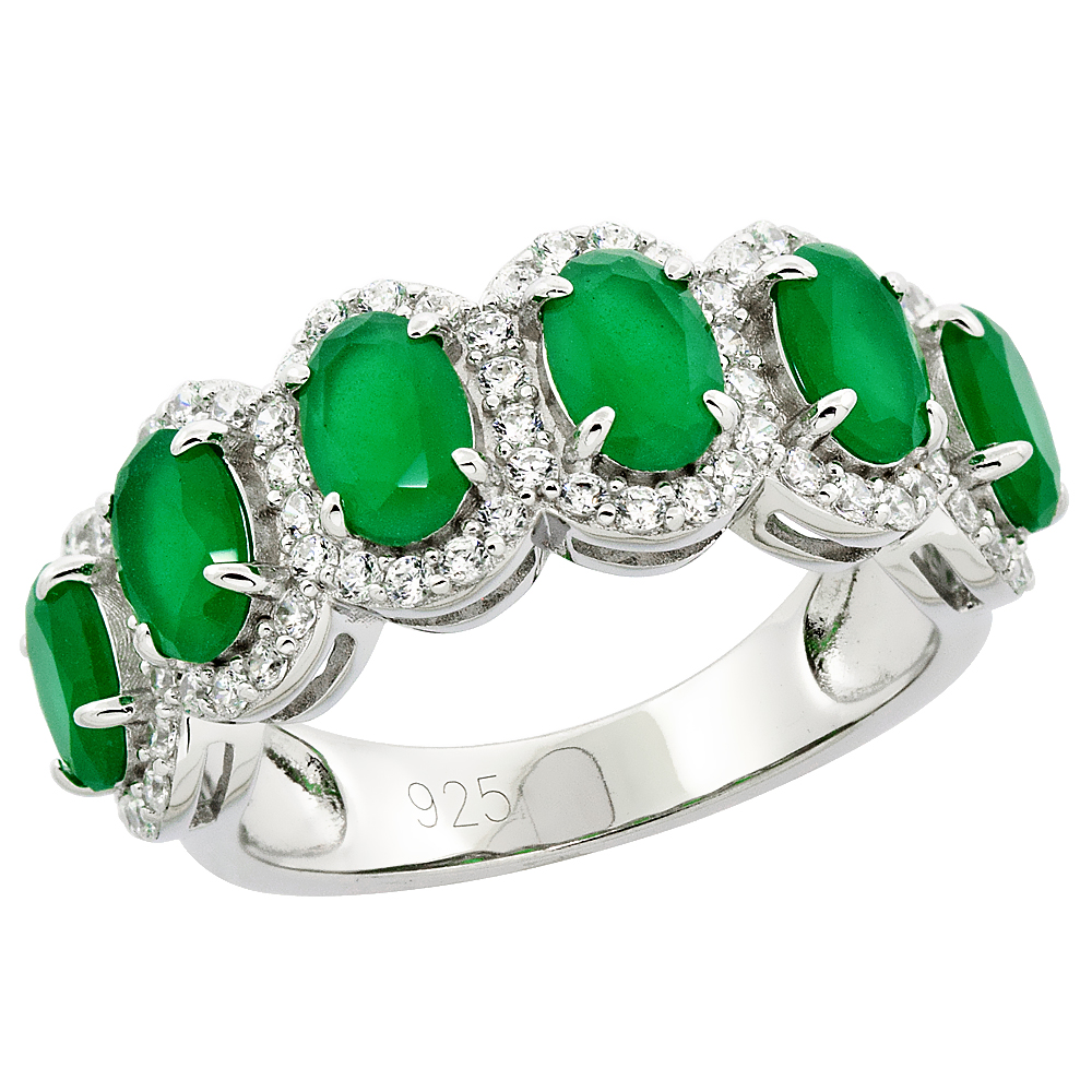 STERLING SILVER CUBIC ZIRCONIA EMERALD GREEN 6-STONE RING MICRO PAVE 11/32 INCH WIDE, SIZES 6 - 9