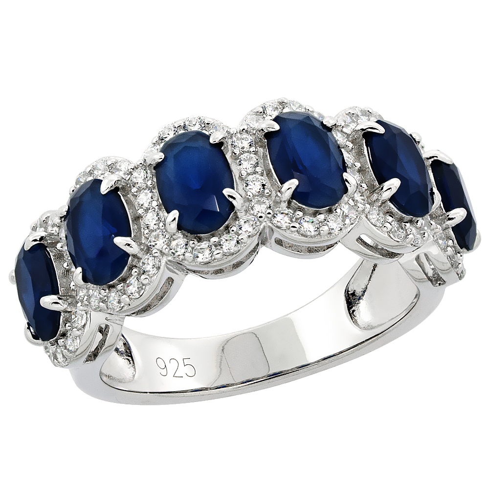 STERLING SILVER CUBIC ZIRCONIA BLUE 6-STONE RING MICRO PAVE 11/32 INCH WIDE, SIZES 6 - 9