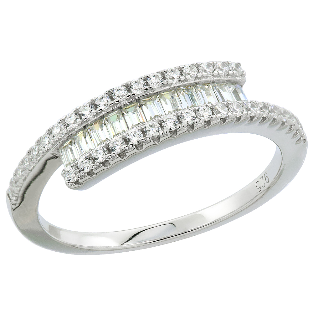 STERLING SILVER CUBIC ZIRCONIA BAGUETTE BYPASS RING MICRO PAVE 3/16 INCH WIDE, SIZES 6 - 9