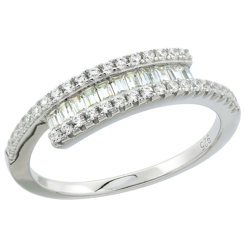 Sterling Silver Cubic Zirconia Baguette Bypass Ring Micro pave 3/16 inch wide, sizes 6 - 9
