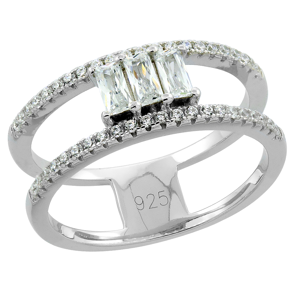 STERLING SILVER CUBIC ZIRCONIA BAGUETTE OPEN SHANK RING MICRO PAVE 9/32 INCH WIDE, SIZES 6 - 9