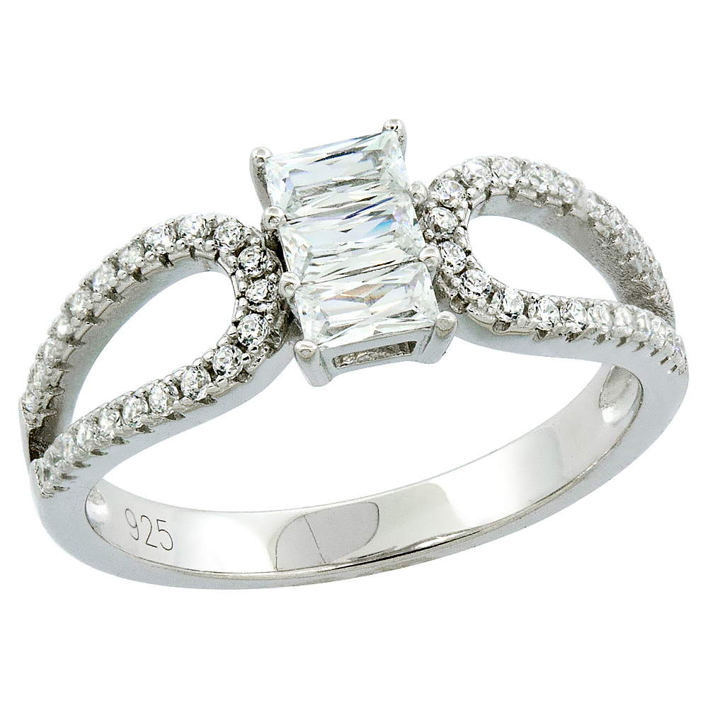 Sterling Silver Cubic Zirconia Horizontal Baguette Ring Micro pave 9/32 inch wide, sizes 6 - 9
