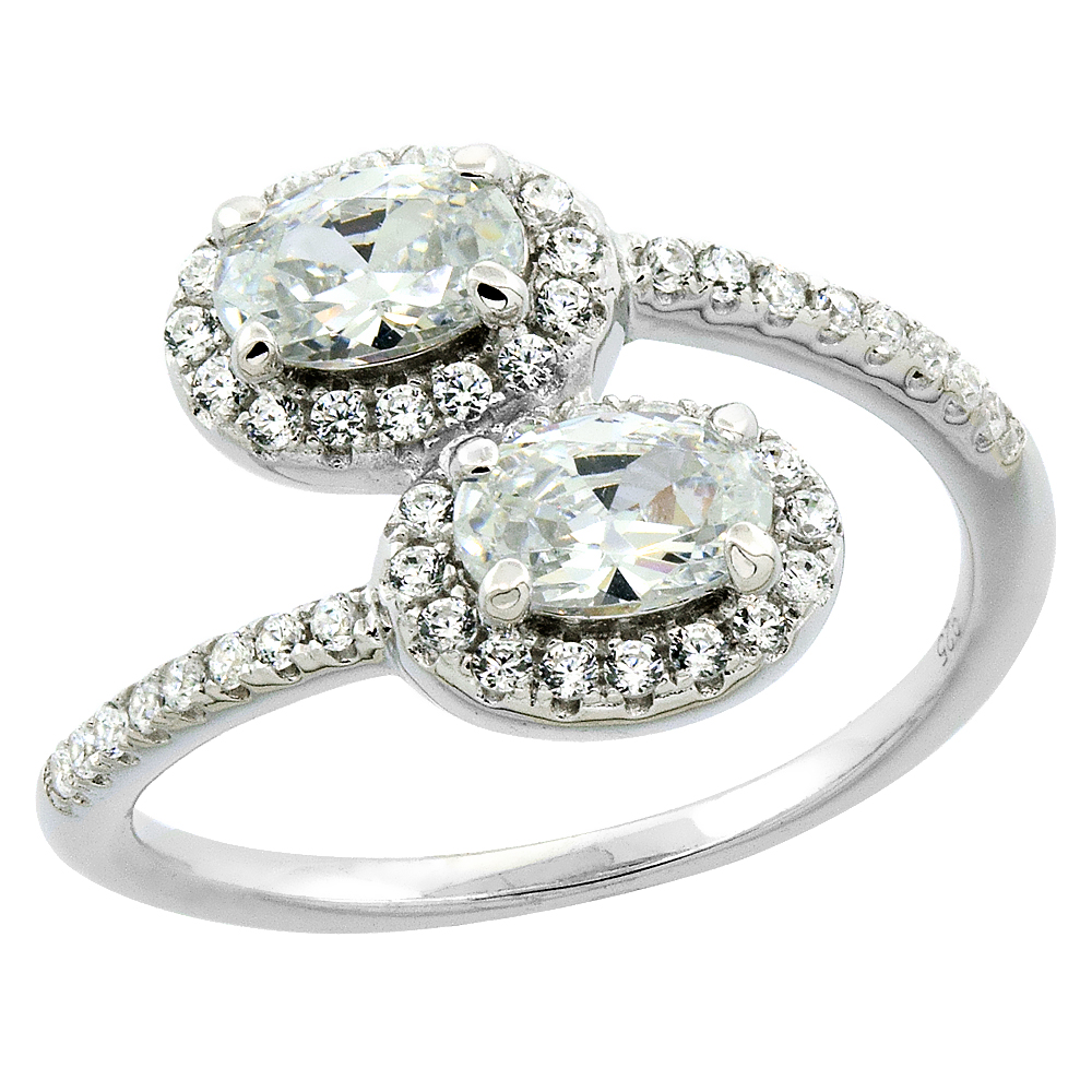 STERLING SILVER CUBIC ZIRCONIA OVAL BYPASS RING MICRO PAVE 1/2 INCH WIDE, SIZES 5 - 9