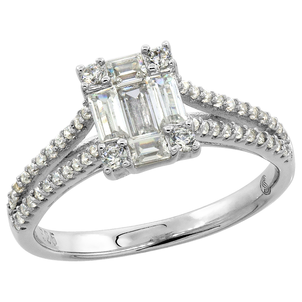 STERLING SILVER BAGUETTE CUBIC ZIRCONIA SPLIT SHANK RING MICRO PAVE 5/16 INCH WIDE, SIZES 6 - 9
