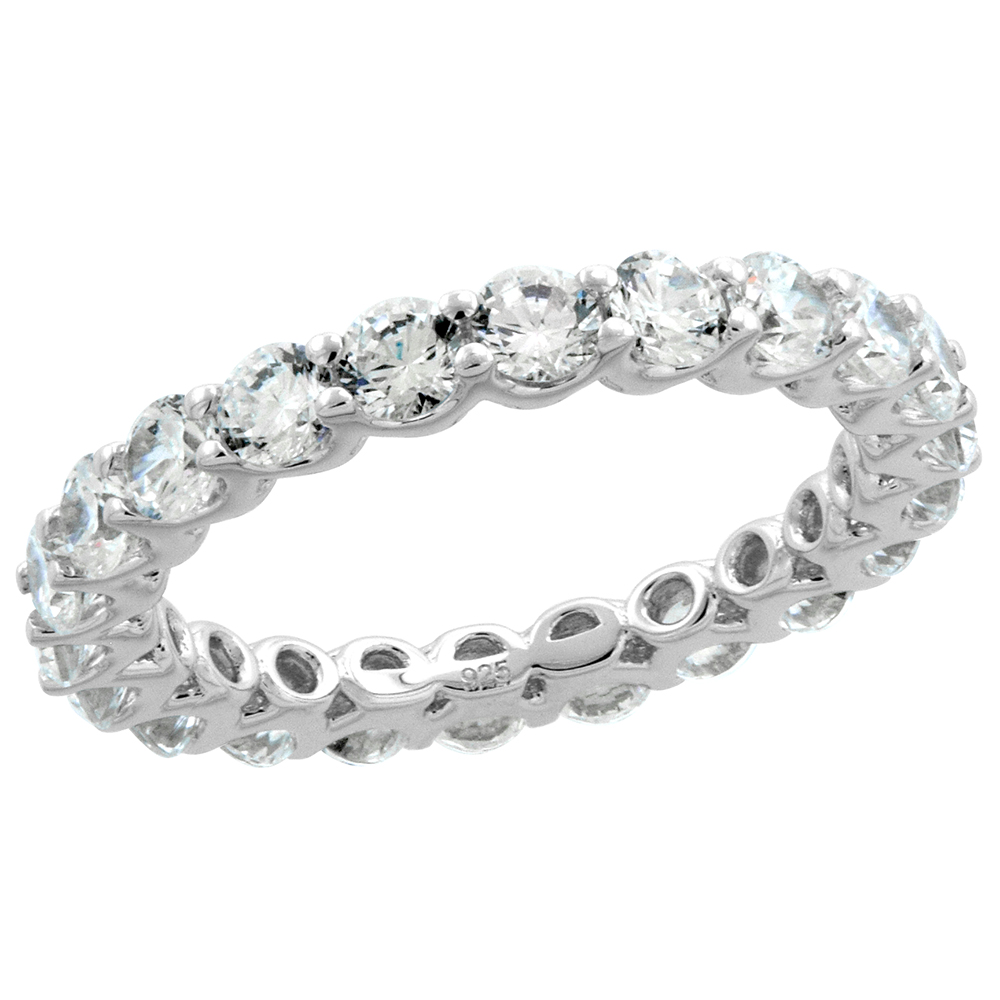 Sterling Silver 3mm Round CZ Eternity Band for Women U-Prong Setting Rhodium Finish 1/8 inch wide size 6-9