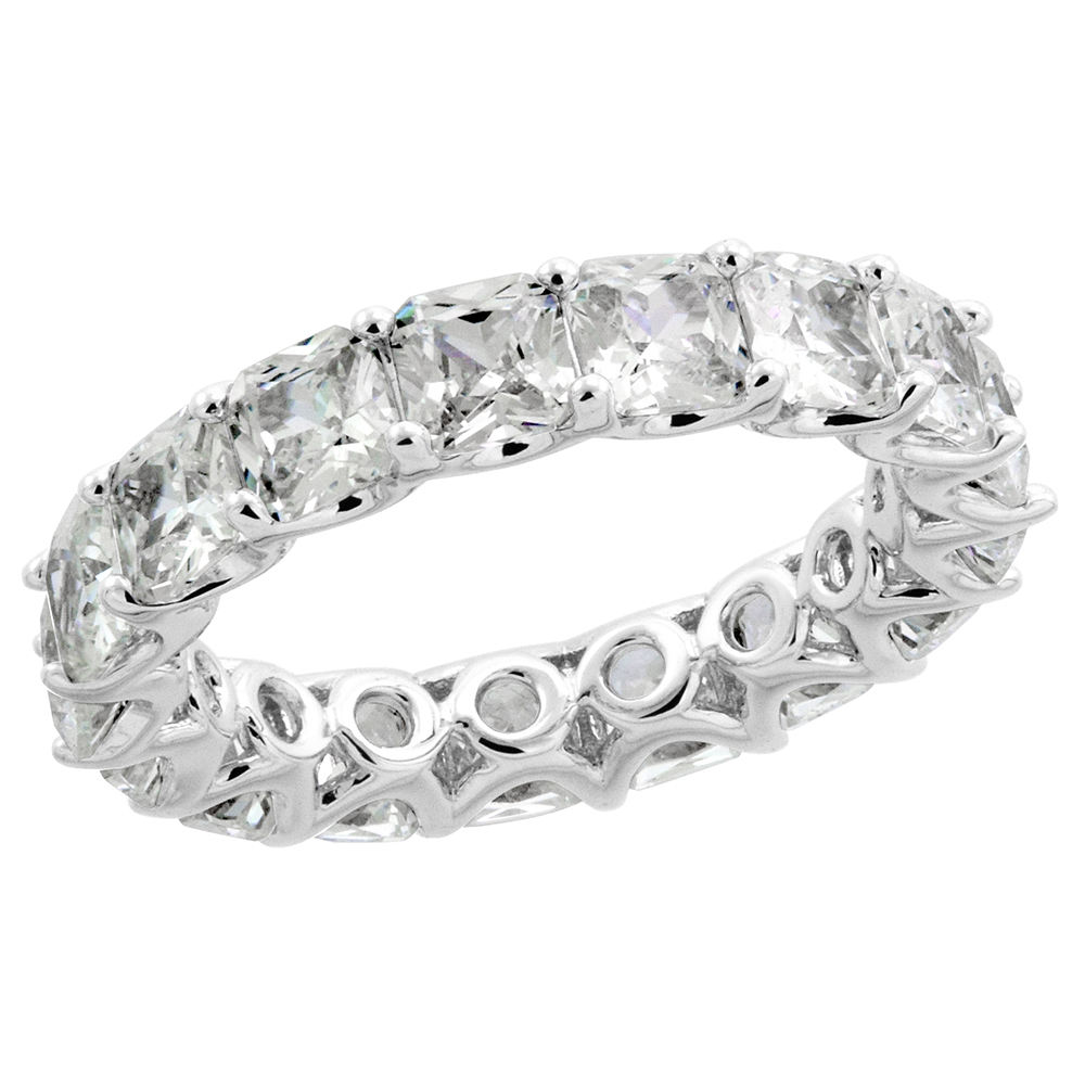 STERLING SILVER 4MM CUSHION CUT CZ ETERNITY BAND FOR WOMEN U-PRONG SETTING RHODIUM FINISH SIZE 6-9
