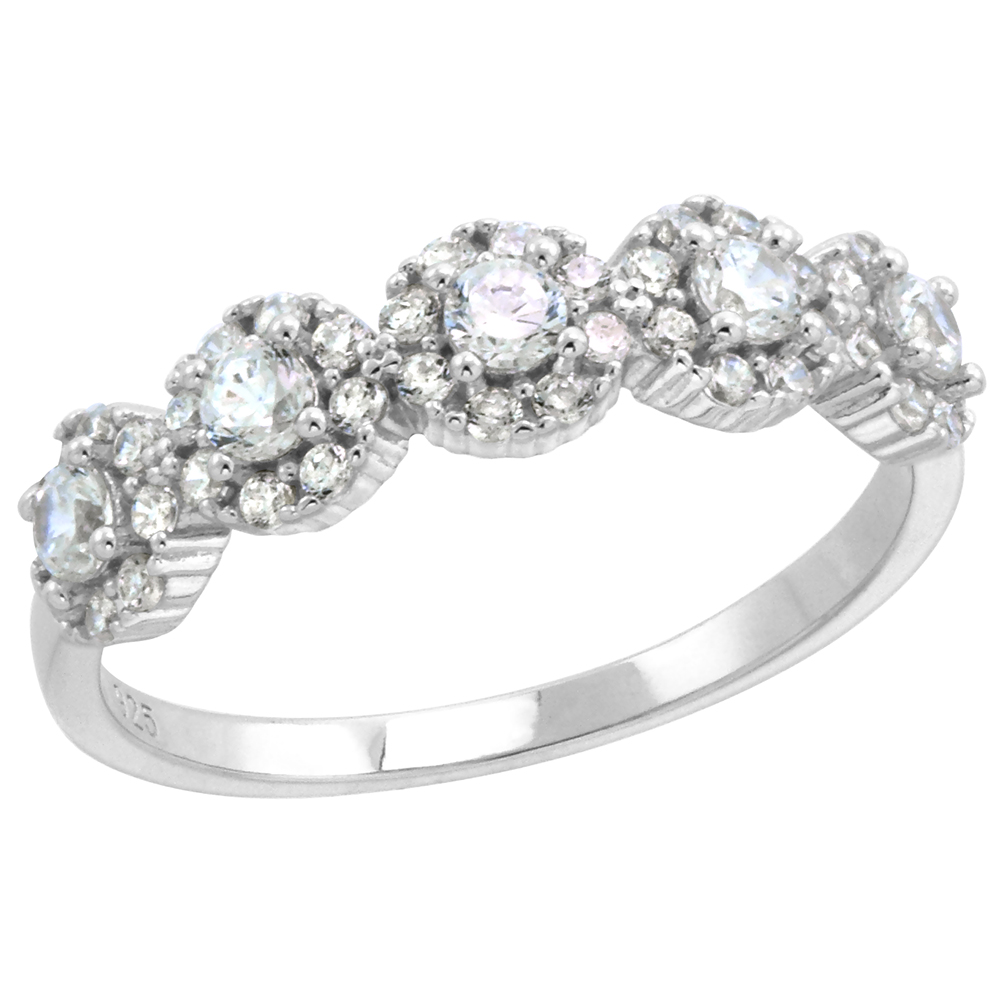 DAINTY STERLING SILVER CZ CLUSTER HALF ETERNITY BAND FOR WOMEN MICRO PAVE RHODIUM FINISH 3/16 INCH WIDE SIZE 6-9