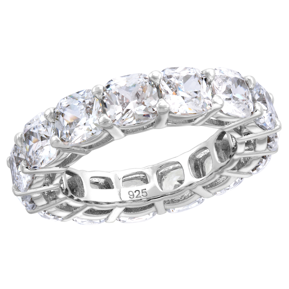 STERLING SILVER 5MM CUSHION CUT CZ ETERNITY BAND FOR WOMEN CLAW SETTING 3/16 INCH WIDE SIZE 6-9