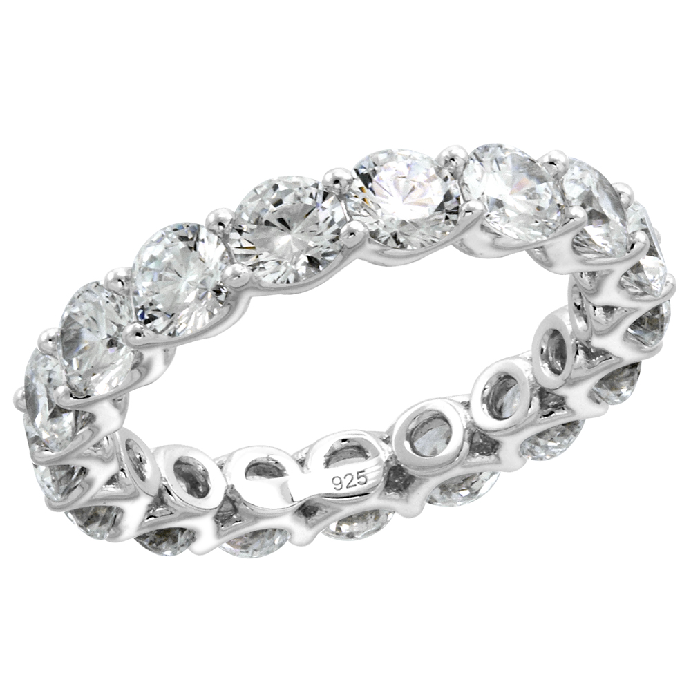 Sterling Silver 4mm Round CZ Eternity Band for Women U-Prong Setting 3/16 inch wide size 6-9