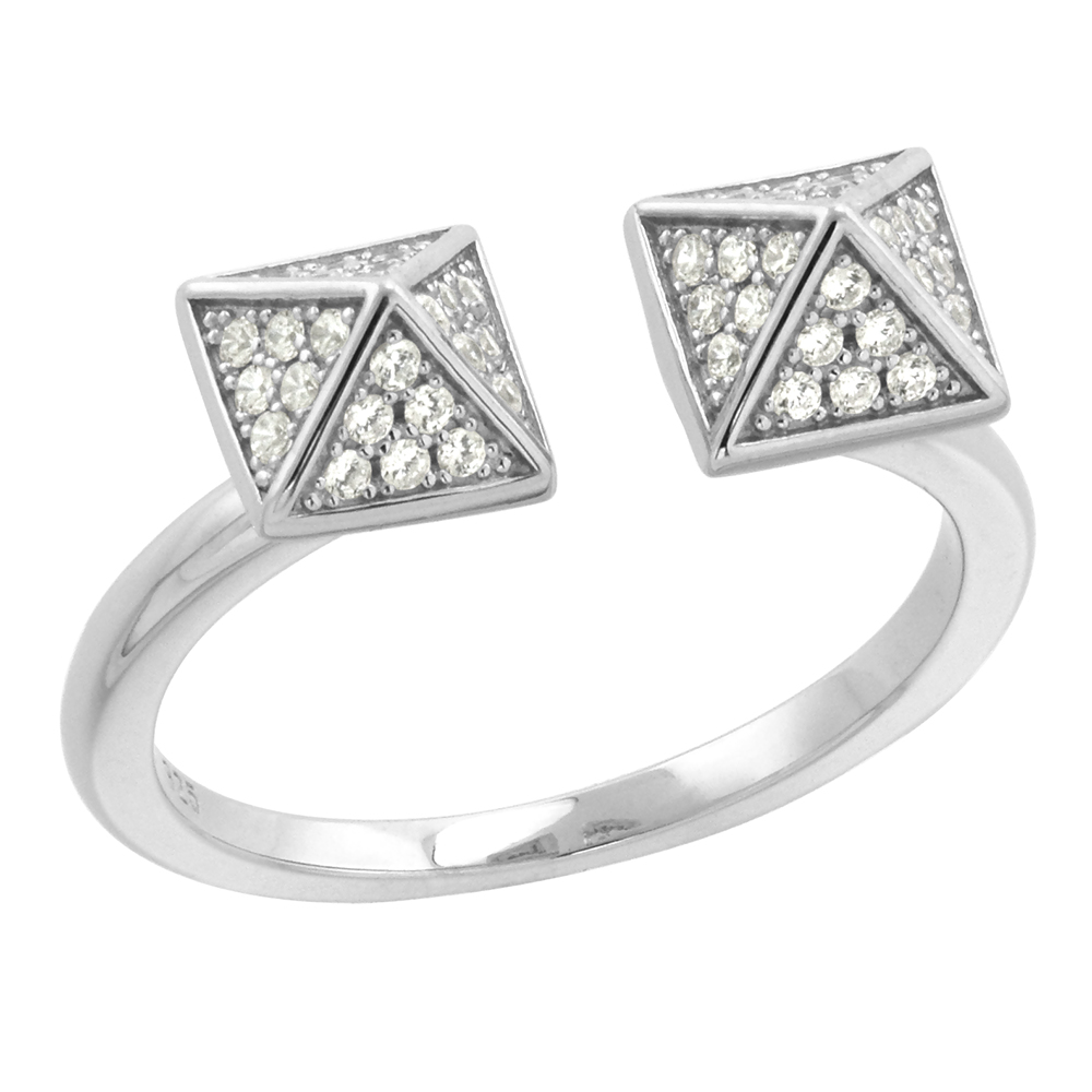 STERLING SILVER MICRO PAVE CZ DOUBLE PYRAMID RING FOR WOMEN ADJUSTABLE RHODIUM FINISH 1/4 INCH WIDE SIZE 6-9