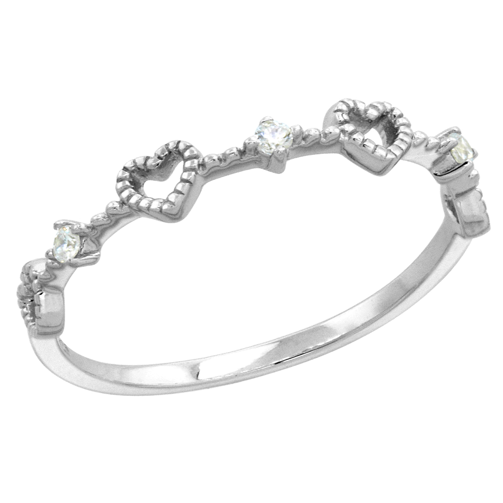 VERY DAINTY STERLING SILVER CZ HEART RING FOR WOMEN & TEENS MILGRAIN RHODIUM FINISH 1/8 INCH WIDE SIZE 6-9