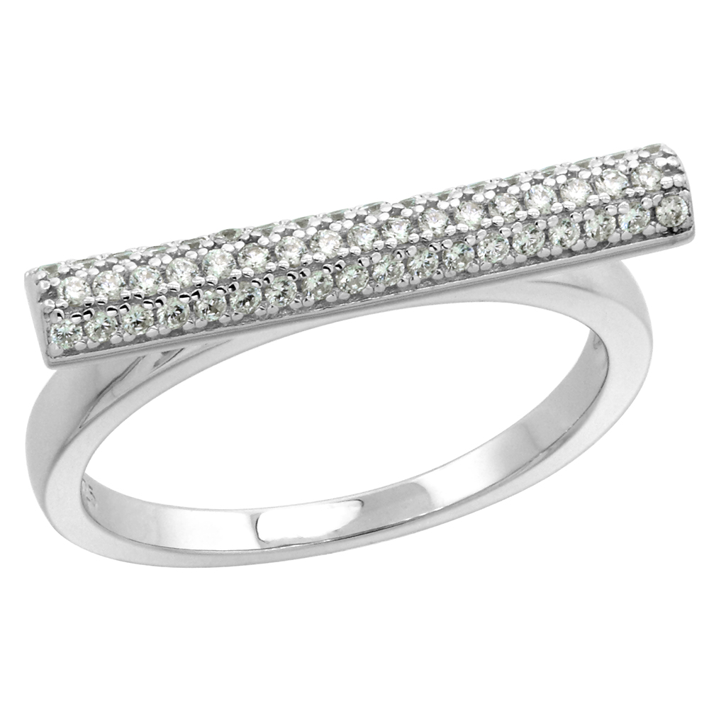 STERLING SILVER MICRO PAVE CZ BAR RING FOR WOMEN RHODIUM FINISH 13/16 INCH LONG SIZE 6-9