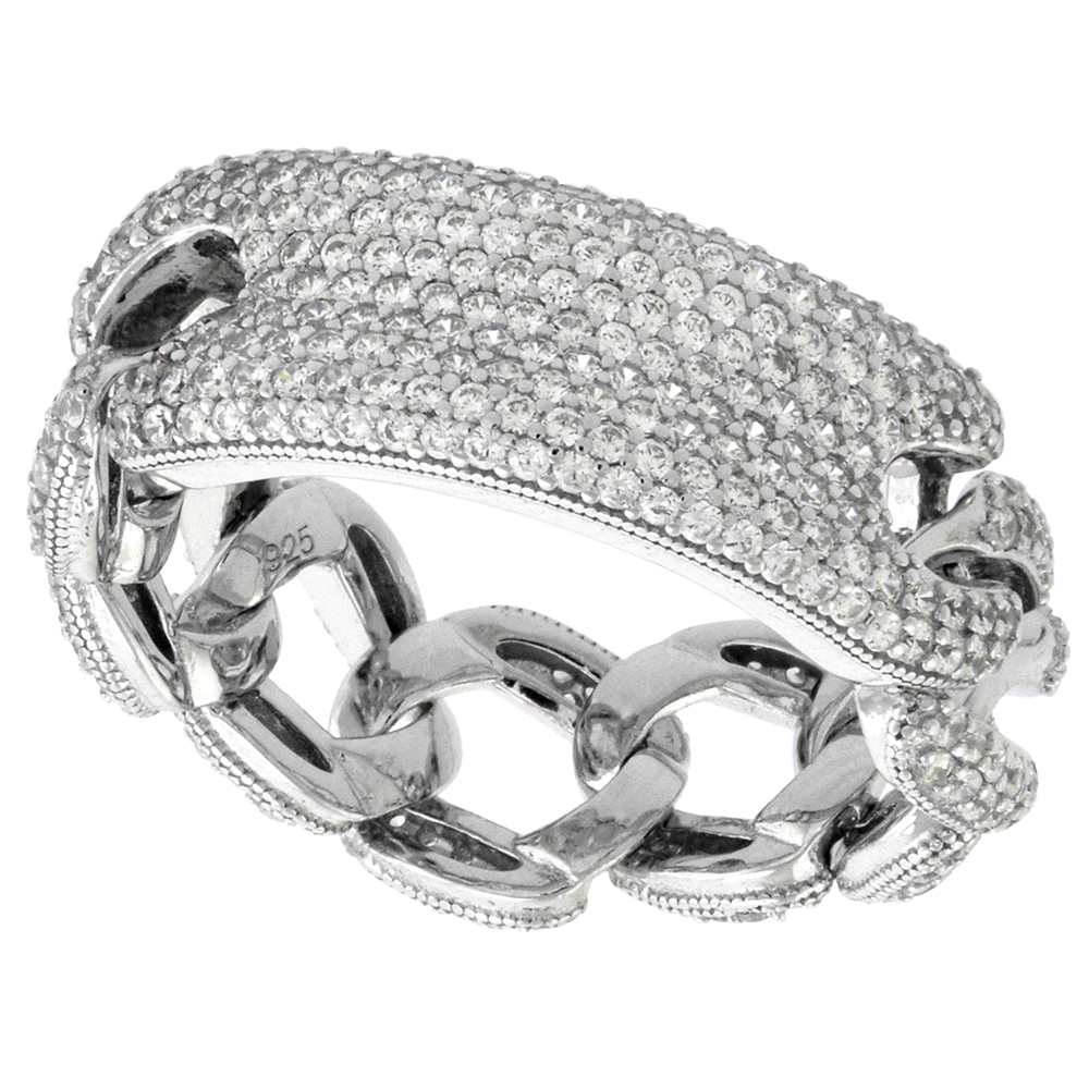 STERLING SILVER MICRO PAVE CZ LINK CHAIN RING FOR WOMEN ID PLATE RHODIUM FINISH 11/32 INCH SIZE 6-9