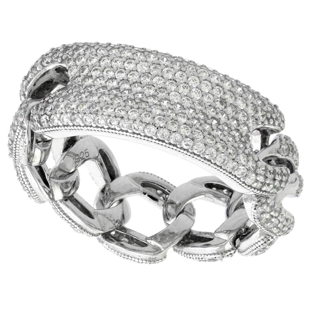 Sterling Silver Micro pave CZ Link Chain Ring for Women ID Plate Rhodium Finish 11/32 inch size 6-9