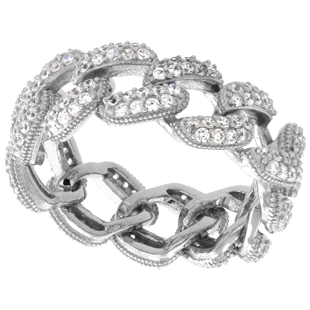 Sterling Silver CZ Link Chain Ring for Women Micro pave Rhodium Finish 5/16 inch size 6-9