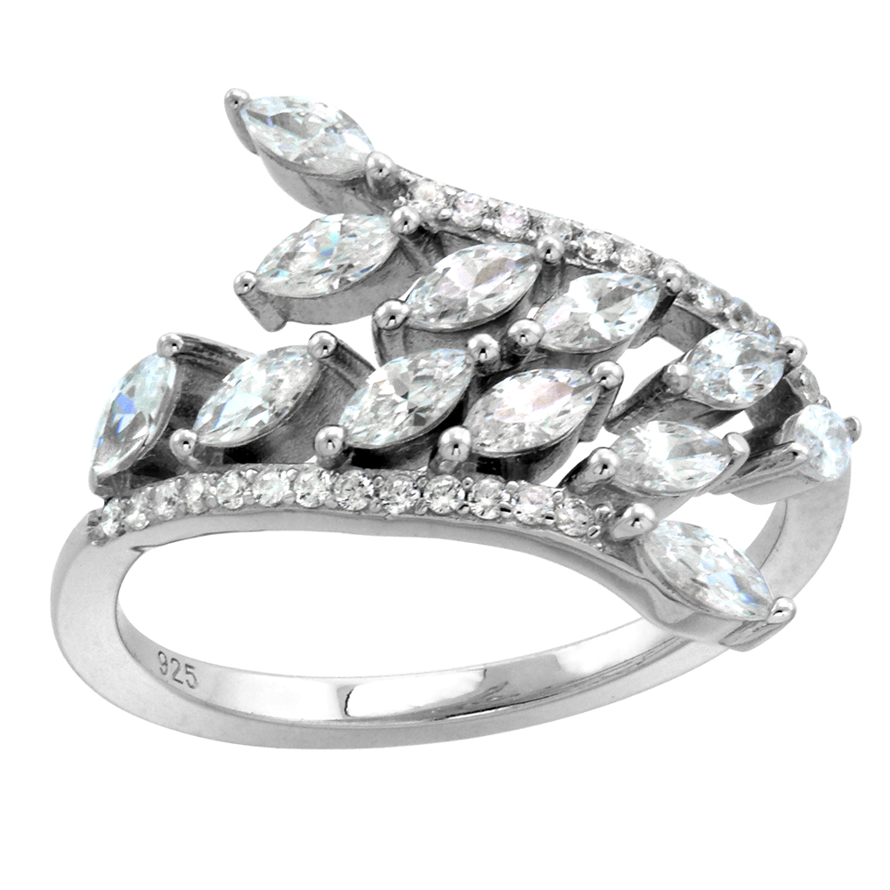 Sterling Silver Marquise CZ Bypass Ring for Women Micro pave Rhodium Finish 3/8 inch wide size 6-9