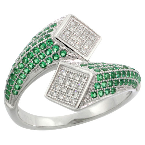 STERLING SILVER CUBIC ZIRCONIA MICRO PAVE WATER DROP RING WHITE & GREEN STONES, SIZES 6 TO 9