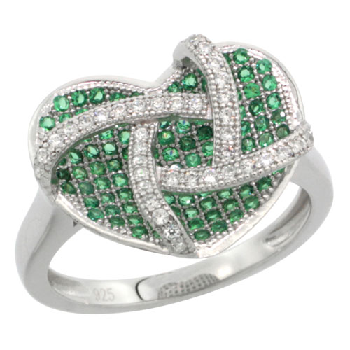 STERLING SILVER MICRO PAVE CUBIC ZIRCONIA HEART IN A CAGE RING WHITE & GREEN STONES, SIZES 6 TO 9
