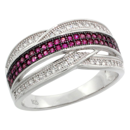 STERLING SILVER CUBIC ZIRCONIA MICRO PAVE CRISS CROSS BAR BAND WHITE & PINK STONES, SIZES 6 TO 9