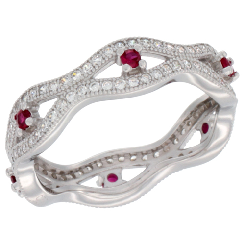 LADIES STERLING SILVER MARQUISE LINK MICRO PAVE CZ RING RUBY ACCENTS 1/4 INCH WIDE, SIZES 6 - 9