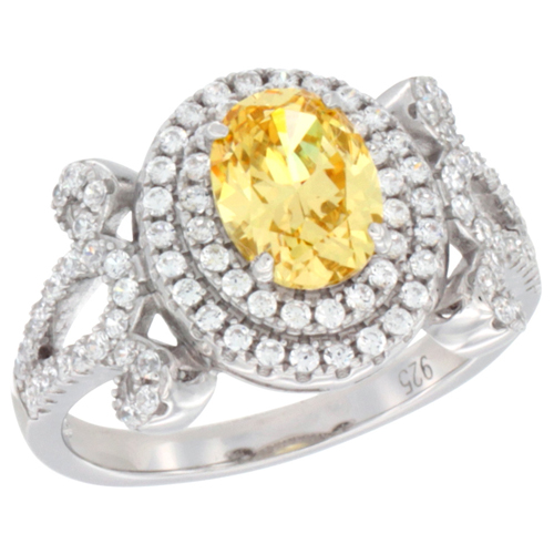LADIES STERLING SILVER CITRINE MICRO PAVE CZ RING OVAL 8X6 MM, SIZES 6 - 9