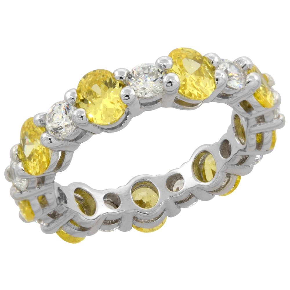 STERLING SILVER CUBIC ZIRCONIA CITRINE RING OVAL 5X3MM MICRO PAVE ACCENTS, SIZES 6 - 9