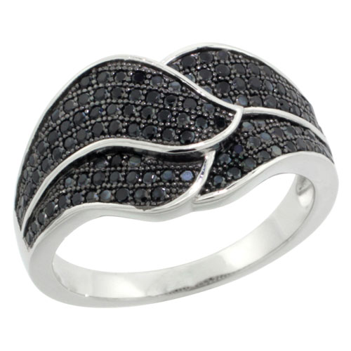 STERLING SILVER CUBIC ZIRCONIA MICRO PAVE DOUBLE LEAF BAND BLACK STONES, SIZES 6 TO 9