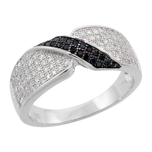 STERLING SILVER CUBIC ZIRCONIA MICRO PAVE BOW SHAPE BAND BLACK & WHITE STONES, SIZES 6 TO 9
