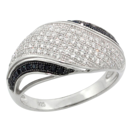 STERLING SILVER CUBIC ZIRCONIA MICRO PAVE TWISTED BAND BLACK & WHITE STONES, SIZES 6 TO 9