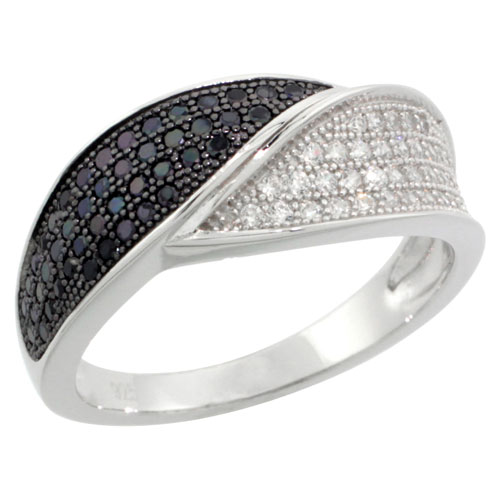 STERLING SILVER CUBIC ZIRCONIA MICRO PAVE LEAF BAND BLACK & WHITE STONES, SIZES 6 TO 9