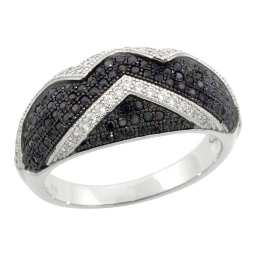 STERLING SILVER CUBIC ZIRCONIA MICRO PAVE SWIRL BAND BLACK & WHITE STONES, SIZES 6 TO 9