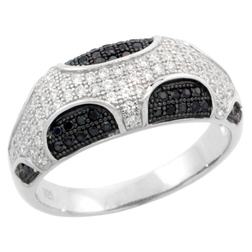 STERLING SILVER CUBIC ZIRCONIA MICRO PAVE HALF CIRCLE BUBBLES BAND BLACK & WHITE STONES, SIZES 6 TO 9