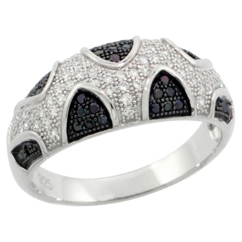STERLING SILVER CUBIC ZIRCONIA MICRO PAVE SPIRAL DESIGN BAND BLACK & WHITE STONES, SIZES 6 TO 9