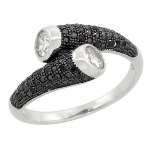 STERLING SILVER CUBIC ZIRCONIA MICRO PAVE TEAR DROP RING BLACK & WHITE STONES, SIZES 6 TO 9