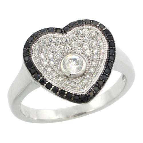 STERLING SILVER MICRO PAVE CUBIC ZIRCONIA HEART RING CENTERED SINGLE WHITE STONE & OUTLINED BLACK STONES, SIZES 6 TO 9