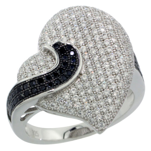 STERLING SILVER MICRO PAVE CUBIC ZIRCONIA SWIRLY HEART RING BLACK & WHITE STONES, SIZES 6 TO 9