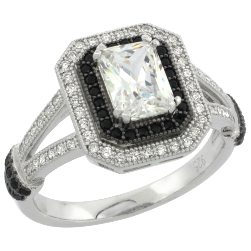 LADIES STERLING SILVER EMERALD CUT 7X5 MM MICRO PAVE CZ RING BLACK & WHITE STONES, SIZES 6 - 9