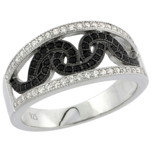 LADIES STERLING SILVER ARCS MICRO PAVE CZ RING BLACK & WHITE STONES, SIZES 6 - 9