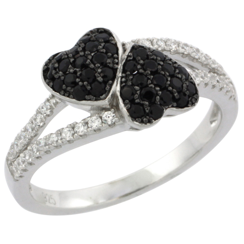 LADIES STERLING SILVER DOUBLE HEART MICRO PAVE CZ RING BLACK & WHITE STONES, SIZES 6 - 9