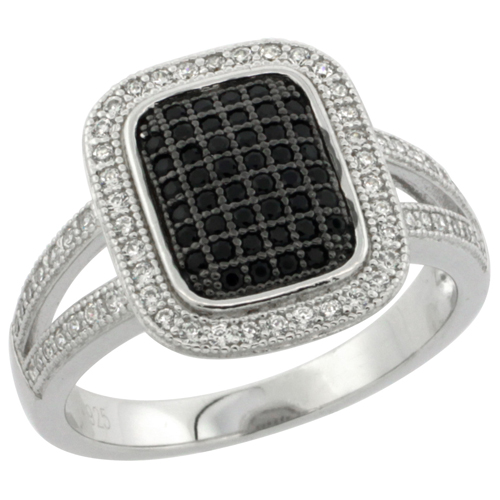 LADIES STERLING SILVER RECTANGULAR MICRO PAVE CZ RING BLACK & WHITE STONES 9/16 INCH WIDE, SIZES 6 - 9