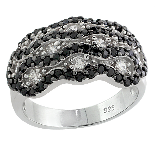 LADIES STERLING SILVER 3-ROW SCALLOPED EDGES MICRO PAVE CZ RING BLACK & WHITE STONES 7/16 INCH WIDE