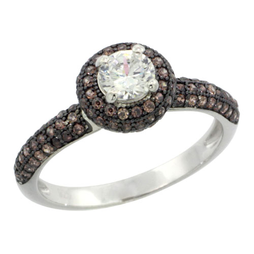 STERLING SILVER CUBIC ZIRCONIA MICRO PAVE ROUND CROWN SHAPE CENTER STONE RING WHITE & BROWN STONES, SIZES 6 TO 9