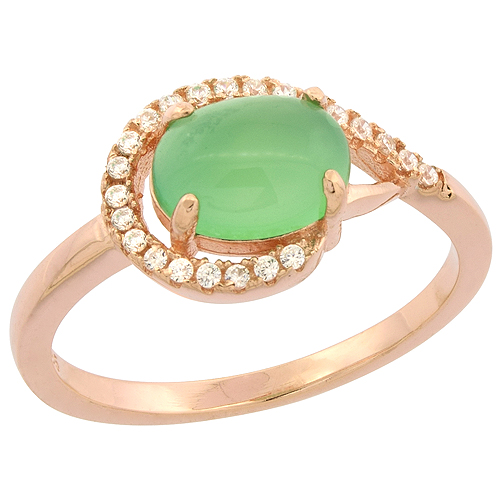 STERLING SILVER OVAL GREEN SERPENTINE RING CZ ACCENTS ROSE GOLD FINISH, 3/8 INCH WIDE, SIZES 6 - 9