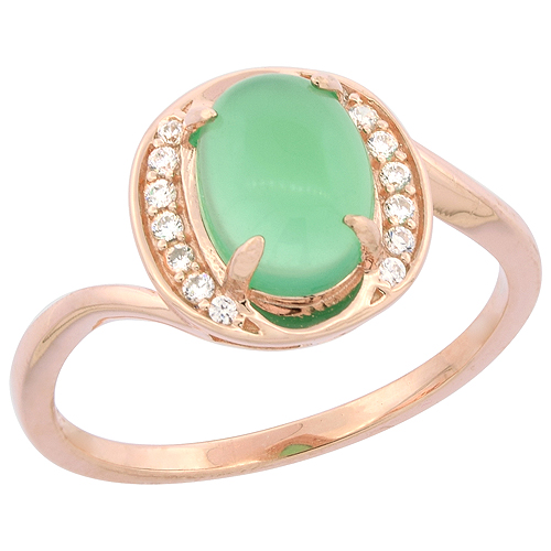 STERLING SILVER OVAL GREEN SERPENTINE RING WAVY SHANK WITH CZ ACCENTS ROSE GOLD FINISH, 13/32 INCH WIDE, SIZES 6 - 9